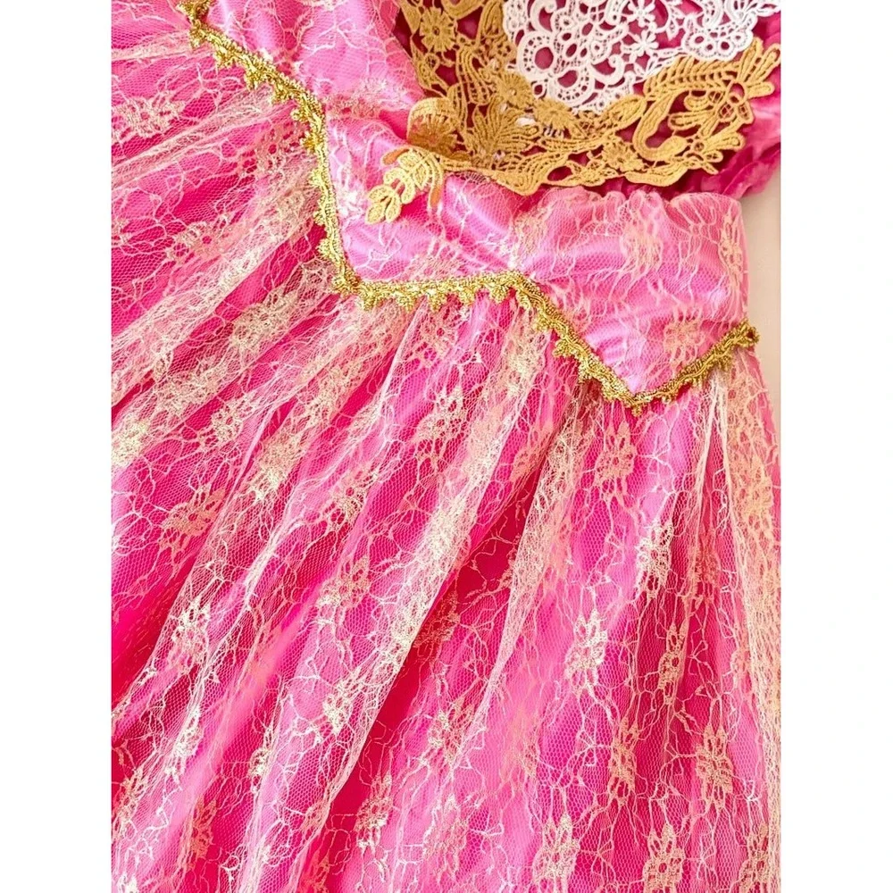 3T Kids Pink Gold Lace Princess Gown Costume Dress Long Sleeve size 100